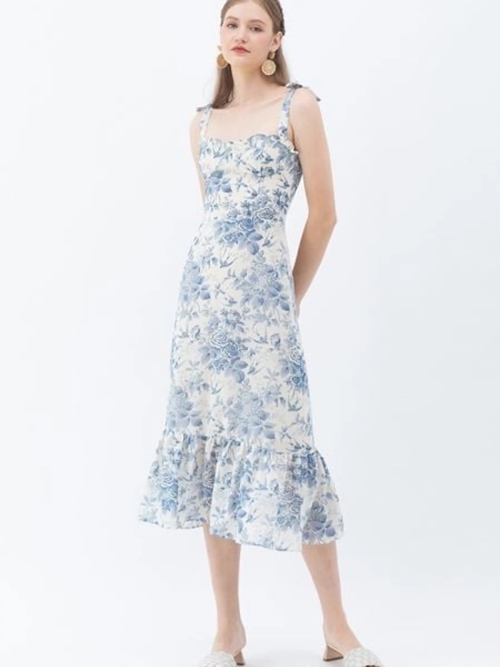 Chicwish Blue Floral Tie-Shoulder Ruffle Midi Dress